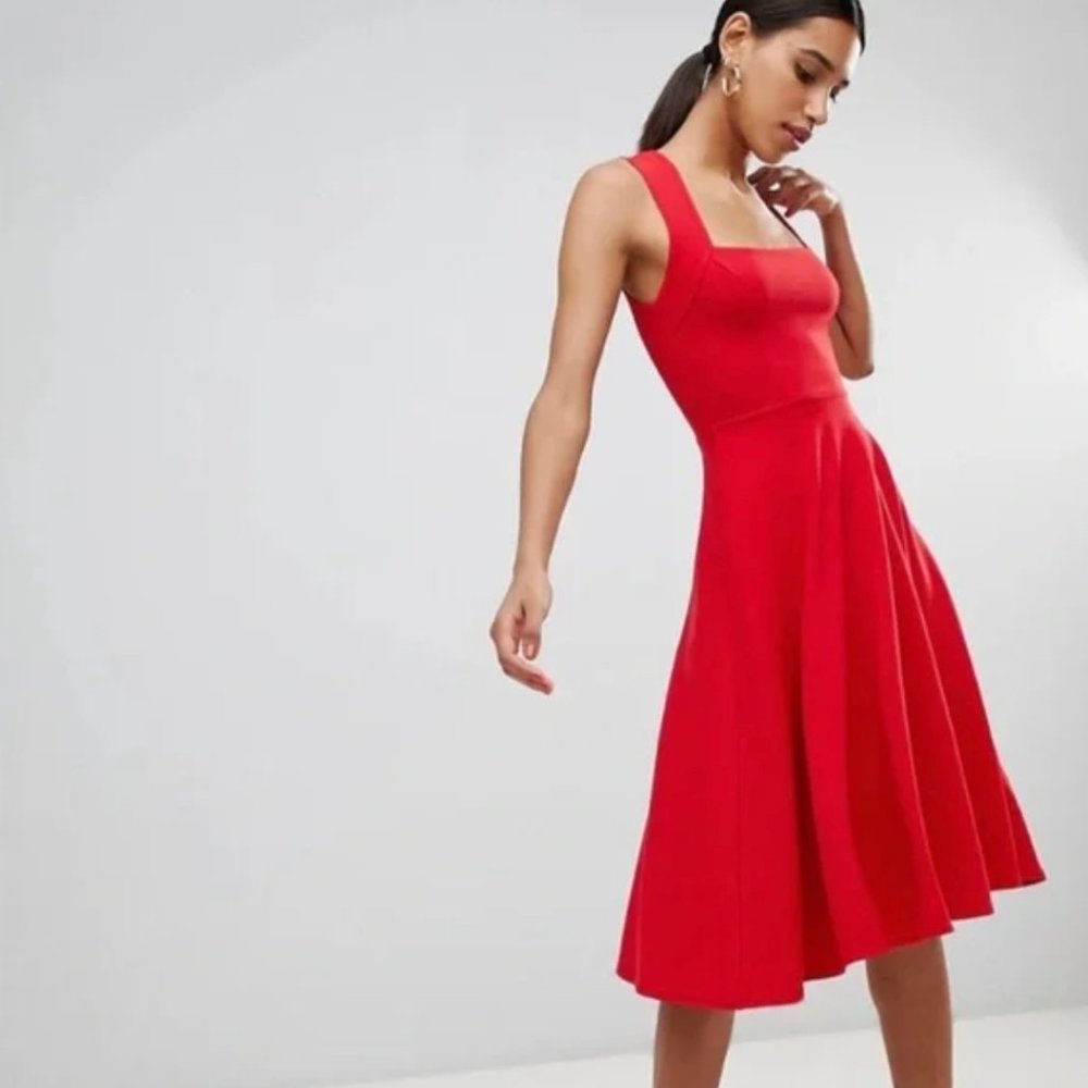 ASOS BOOHOO Red Square Neck Fit & Flare Midi Skater Dress Size 6